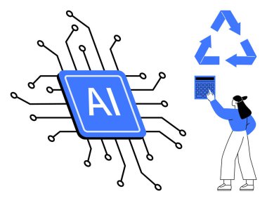 Devrelerle çevrili yapay zeka çipi, geri dönüşüm sembolü ve hesap makinesini tıklatan kadın. Yapay zeka, sürdürülebilirlik, teknoloji, eko-verimlilik, yenilik veri analizi gelecek tasarım kavramları için idealdir. Asgari