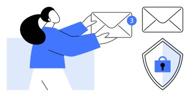 Zarflara ulaşan kişi yeni bir e-posta bildirimi, kilidi olan bir kalkan. E- posta yönetimi, dijital iletişim, bildirimler, siber güvenlik, verimlilik, çevrimiçi mahremiyet için ideal