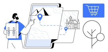 Sırt çantalı, akıllı telefondan dağ ve kaleye giden yolun haritasını arıyor. Ağaç grafiği ve alışveriş arabası ikonu içerir. Seyahat, turizm, navigasyon, teknoloji, macera ve alışveriş için ideal