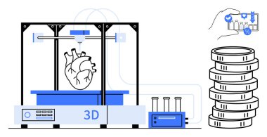 3D yazıcı gerçekçi bir insan kalbi modeli, laboratuvar ekipmanı, madeni paralar ve el değerlendirme değeri yaratıyor. Sağlık, teknoloji, yenilik, tıbbi araştırma, maliyet analizi eğitimi için ideal