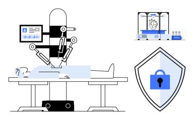 Robot, hayati belirtileri gösteren bir monitörle hastaya ameliyat yapıyor. 3D yazıcı, kilitlenmiş bir kalp modeli güvenlik kalkanı oluşturuyor. Sağlık teknolojisi, robotik cerrahi, 3D baskı için ideal.