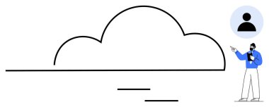 Yatay çizgilerle çizilmiş büyük bulut şekli bağlantı olduğunu gösteriyor. Küçük bir insan sunum yapıyor. Bulut teknolojisi, veri yönetimi, uzaktan çalışma, bilişim çözümleri ve eğitim için ideal