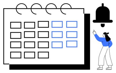 İşaretli tarihli takvim, hatırlatma zili ve planı gösteren kadın. Program, planlama, hatırlatıcılar, teslim tarihleri, bildirimler üretkenlik organizasyonu için idealdir. Düz basit metafor