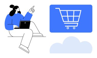 Alışveriş arabasının ikonuna dizüstü hareketler yapan kişi e-ticareti, online alışveriş deneyimlerini resmediyor. Teknoloji, perakende, tüketici davranışı, dijital ekonomi, yenilik, bulut hizmetleri için ideal