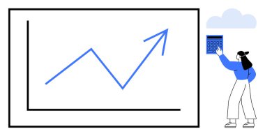 Ekrandaki yukarı doğru mavi grafik büyümeyi gösteriyor, kadın analiz için hesap makinesi kullanıyor. Veri analizi, iş başarısı, mali büyüme, profesyonel ilerleme, izleme performansı, amaç
