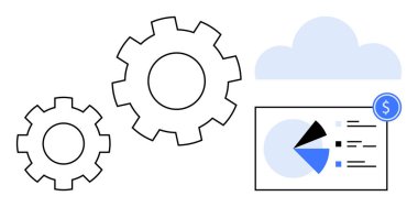 Birbirine bağlı vitesler, pasta grafiği, veri ve bulut elementi dijital iş akışını vurguluyor. Otomasyon için ideal, veri analizi, mali yönetim, bulut teknolojisi, dijital