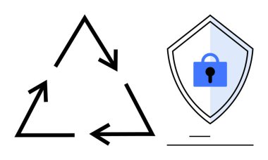 Siyah geri dönüşüm üçgeni, kalkanının yanında mavi asma kilitli oklar. Temalar için ideal başlık sürdürülebilirlik, siber güvenlik, koruma, devamlılık, yenilenme, çevre dostu ve güvenlik. Temiz