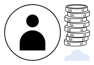 Dairesel çerçeve içinde para yığını ve bulut elemanına bağlı kullanıcı simgesi. Finans, tasarruf, bulut depolama, teknoloji, çevrimiçi işlemler, kullanıcı verileri, dijital ekonomi için ideal. Düz basit