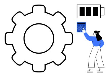 Vites, pil ikonu ve hesap makinesi kullanan kadın verimliliği, verimliliği ve mekaniği iletir. İş, teknoloji, enerji problemleri çözen yenilikçi takım çalışması için ideal. Düz basit