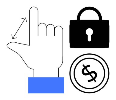 El hareketi, güvenlik, finans ve kontrolü temsil eden kilit ve dolarla eşleştirilmiş etkileşimi gösteriyor. Uygulamalar, dijital ödeme, güvenlik, UX tasarımı, erişim kontrol teknolojisi için ideal