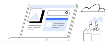 Arama motoru arayüzü, duman yayan endüstriyel fabrika ve tepesinde bulut olan bir laptop aç. Teknoloji, çevre, endüstri, sürdürülebilirlik, araştırma, dijital yenilik için ideal