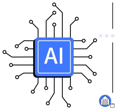Yapay zekayı, makine öğrenmesini ve veri ağlarını sembolize eden devre hatlarıyla çevrili merkezi yapay zeka işlemci çipi. Teknoloji, yenilik, otomasyon, dijital dönüşüm için ideal