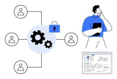 Viteslerle bağlı kullanıcı ağı, sembolik güvenliği kilitle, torpido gözündeki verileri profesyonel analiz et. Takım çalışması, iş akışı, siber güvenlik, analiz, karar verme süreci için ideal