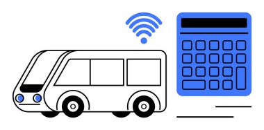 Hesap makinesinin yanındaki kablosuz sinyalli otobüs yol parasını sembolize ediyor. Toplu taşıma için ideal, maliyet verimliliği, akıllı ulaşım, teknoloji entegrasyonu, seyahat planlaması, kentsel hareketlilik, daire