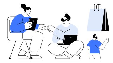 Alışveriş kararlarını tartışırken iki kişi tabletler ve dizüstü bilgisayarlarla etkileşime giriyor. Alışveriş torbası ve gözlemci takım çalışması ve tüketici davranış temalarını öneriyor. Alışveriş, iletişim ve takım çalışması için ideal