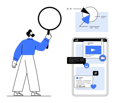 Elinde büyüteç tutan adam veri tablosunu ve sosyal medya ve video içerikli akıllı telefon ekranını inceliyor. Analiz, pazarlama, kullanıcı davranışı, veri eğilimleri, sosyal medya, araştırma, daire için ideal