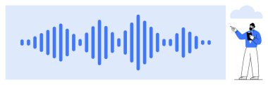 Adam dinamik simetriyle stilize edilmiş mavi ses dalgalarını işaret ediyor. Ses analizi, teknoloji, podcast, müzik üretimi, veri görselleştirme, iletişim, düz basit metafor için ideal