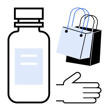 Avuç içi açık, ilaç şişesi açık ve mavi saplı alışveriş torbası. Sağlık, perakende, tüketici malları, alışveriş, ilaç, ticaret ve dağıtım hizmetleri için ideal