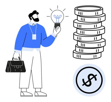 Ampul tutan adam yeniliği, karlılığı temsil ediyor. Para yığını, dolar işareti parayı yansıtır, finansal odaklanma. İş, finans, girişimcilik, yaratıcılık yatırım tasarrufu için ideal