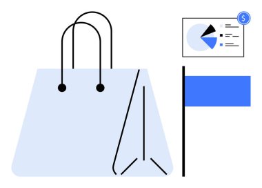 Mavi alışveriş çantası, üzerinde dolar işareti olan analitik pasta grafiği ve pazarlama bayrağı. Perakende, satış stratejisi, pazarlama, e-ticaret, çevrimiçi alışveriş işi büyüyen müşteri ilişkileri için idealdir. Düz