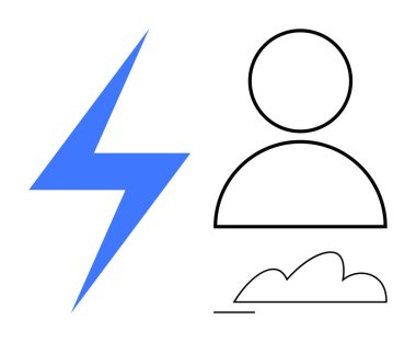 Kullanıcı profili ve bulut anahatlarının yanında mavi yıldırım. Teknoloji, enerji, kullanıcı bağlantısı, bulut hesaplama, yenilik, verimlilik, dijital dönüşüm için idealdir. Düz basit metafor