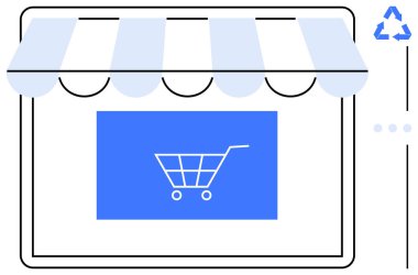 Dijital vitrin, tenteli mavi alışveriş arabası, geri dönüşüm tabelası. Perakende, e-ticaret, sürdürülebilirlik, alışveriş, dijital pazarlama eko-bilinç işi için idealdir. Düz basit
