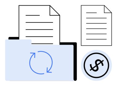 Dolar işareti simgesinin yanında, üzerinde yuvarlak ok sembolü olan mavi klasörden çıkan kağıtlar. Finans, belge organizasyonu, iş akışı otomasyonu, veri değişimi, rapor yönetimi, iş dünyası için ideal