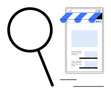 Akıllı telefon ekranını hedef alan büyüteç bir e-ticaret mağazasının planını gösteriyor. Çevrimiçi alışveriş, arama kavramları, dijital pazarlama, ürün keşfi, mobil uygulamalar, web sitesi navigasyonu için ideal