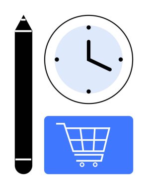 Dikey kalem, analog saat, mavi karede alışveriş arabası. Üretkenlik, organizasyon, zaman yönetimi, yaratıcılık, e-ticaret, planlama dairesi metaforu için ideal