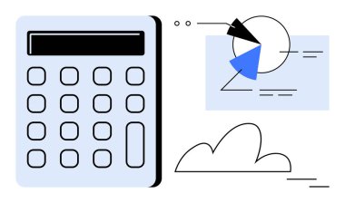 Pasta grafiği segmentleri ve bulut şekli ile birlikte hesap makinesi, veri analizi, finans ve bulut hesaplamasını temsil ediyor. Muhasebe, istatistik, analitik, teknoloji, ekonomi planlaması için ideal