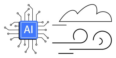 Yapay zeka çipi, dalgalı rüzgar çizgilerinin yanında bir bulutun altında, yeniliği, enerji akışını ve teknolojik evrimi sembolize ediyor. Yapay zeka, ağ oluşturma, otomasyon, verimlilik, yaratıcılık için ideal