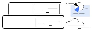 Yığılmış kitaplar eğitimi temsil ediyor, veri analizini sembolize eden bir pasta grafiği ve yenilik için bir bulut ile eşleştiriliyor. Öğrenme, veri, bilgi, yenilik, analitik, araştırma dijital için idealdir. Düz