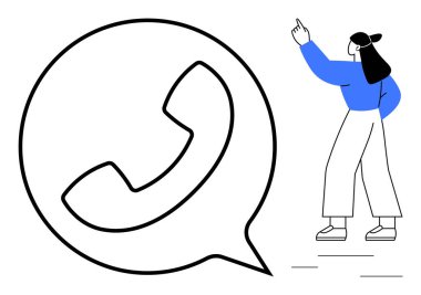 Telefon ahizesiyle büyük bir konuşma balonunu işaret eden kadın iletişim ve bağlantıyı vurguluyor. Müşteri desteği, telekomünikasyon, takım çalışması, rehberlik, ağ, teknoloji, daire