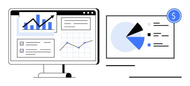 Bar tablosu, çizgi grafiği, pasta grafiği, kontrol listeleri ve finansal görüşleri gösteren bilgisayar ekranları. Analiz, finans, iş stratejisi, performans izleme kararı için ideal