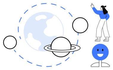 Dünya 'yı, Satürn' ü ve gök cisimlerini gösteren kadın gülümseyen bir karakterle yörüngede. Eğitim, bilim, teknoloji, astronomi, takım çalışması, keşif dairesi için ideal basit metafor
