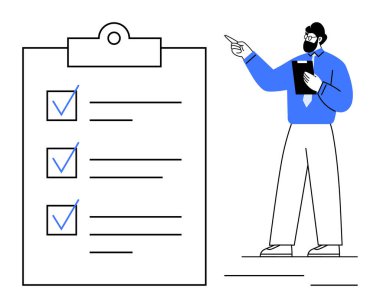 Elinde belge tutan ve işaret eden bir adamın yanında kontrol listesi ve kutuları olan büyük bir pano. Planlama, organizasyon, strateji, eğitim, eğitim, görev yönetimi ve verimlilik için ideal. Düz