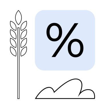 Yuvarlanan tepeli yumuşak mavi karede yüzde sembolünün yanında buğday sapı. Tarım, ekonomi, finans, sürdürülebilirlik, büyüme, gıda endüstrisi ve analitik temalar için idealdir. Düz basit