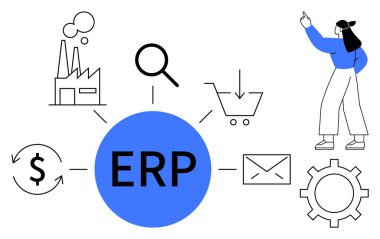 Üretim merkezi, alışveriş arabası, büyüteç, dolar işareti, e-posta ve teçhizat. İş yönetimi, süreç optimizasyonu, otomasyon veri analizi kaynak planlaması için ideal