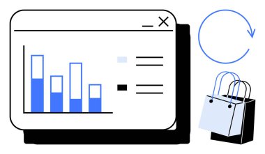 Ekranda alışveriş torbaları ve dairesel bir ok olan bar grafiği veri analizini ve e-ticaret aktivitesini gösteriyor. Ticari büyüme, pazarlama stratejileri, çevrimiçi alışveriş eğilimleri ve tüketici için ideal