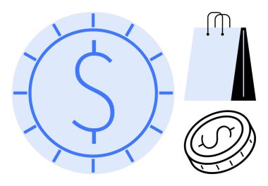 Dolar işaretli büyük para, daha küçük bozuk para ve alışveriş çantası. Perakende, finans, e-ticaret, bütçeleme, tasarruf alışveriş eğilimleri ve tüketim için idealdir. Düz basit metafor