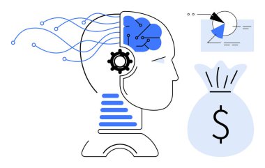 Yapay zeka ağı, çark, finansal büyüme torbası, pasta grafiği olan insan kafası. AI, teknoloji, yenilik, veri analizi, finans stratejisi, iş ekonomisi için idealdir. Basit bir metafor.