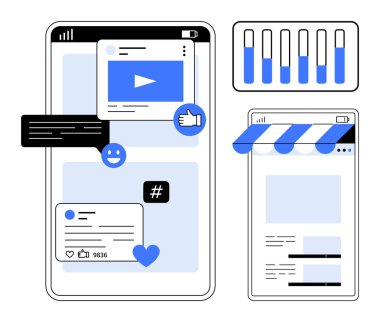 Video içeriğini gösteren cep telefonu arayüzü, yorumlar, başparmaklar, üstveri etiketleri ve kalp bağlama simgeleri. Bitişik sekmeler e-ticaret mağazası ve veri analizini gösteriyor. Sosyal medya için ideal