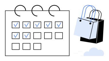Planlanan tarihleri simgeleyen işaretli takvim, iki alışveriş çantasının yanında. İş planlaması, zaman yönetimi, alışveriş programları, etkinlik planlaması, verimlilik, organizasyon, perakende satış için ideal