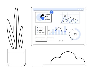 Grafiklerle, pasta grafiğiyle, kontrol listesiyle ve yüzde ölçüsüyle analitiği gösteren dijital gösterge paneli. Saksı bitkisi ve bulut anahatları basitliği artırır. Veri analizi, finans ve iş için ideal