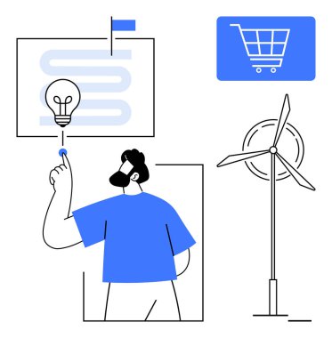 İnsan, fikirleri, yolları, yenilenebilir enerji için rüzgar türbinini ve e-ticaret için alışveriş arabasını sembolize eden ampullere dokunur. Sürdürülebilirlik, yaratıcılık, strateji, yenilik, çevrimiçi ortam için ideal