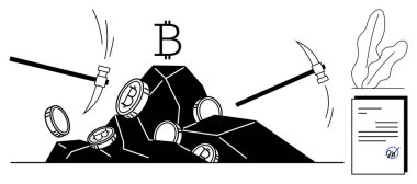 Madencilik aletleri taşları Bitcoin sembolleri ve sikkelerle kırıyor. Belgeler, çömlekte bitki. Kripto para birimi, engelleme zinciri, yatırım, finans, teknoloji yeniliği dijital ekonomi için idealdir. Düz basit