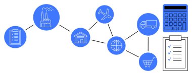 Fabrika, uçak, depo, kamyon, dünya, alışveriş arabası ve tedarik zincirini vurgulayan kontrol listeleriyle birlikte akış şeması. Lojistik, üretim dağıtım planlama yönetimi e-ticaret için ideal