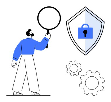 Kalkan kilidi simgesini incelemek için büyüteç kullanan adam güvenlik ve korumayı temsil ediyor. Dişliler sistem işlemlerini gösterir. Siber güvenlik, veri koruması, bilişim, gizlilik, araştırma, güvenlik için ideal