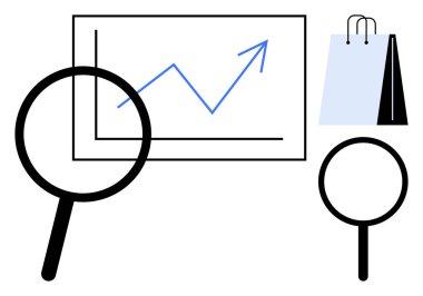Büyüteç, yukarı doğru eğilimli grafikleri ve alışveriş torbalarını inceler. Ticari büyüme, piyasa araştırması, e-ticaret stratejisi, tüketici davranışı, yatırım eğilimleri, satış analizleri, düz basit
