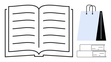 Görünür satırlar, hafif alışveriş torbası ve bir yığın kitabın olduğu açık bir kitap. Eğitim, okuma, öğrenme, bilgi, kitap alışverişi, akademik araştırma için ideal düz metafor
